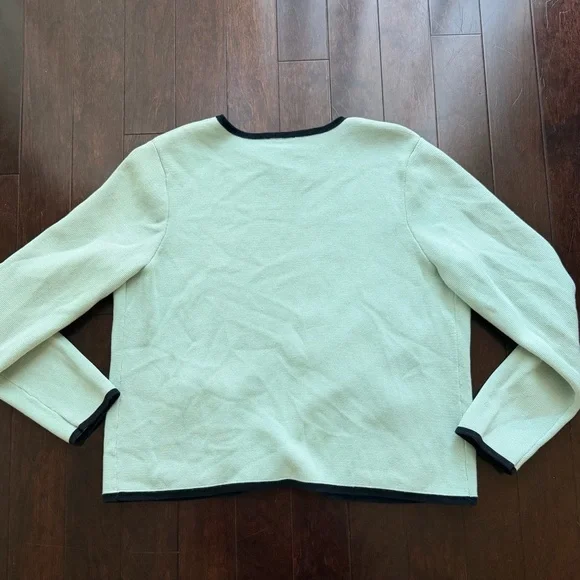 Talbots Petite Light Blue Navy Trim Knit Sweater Open Front Cardigan Size Lp - Picture 3 of 5